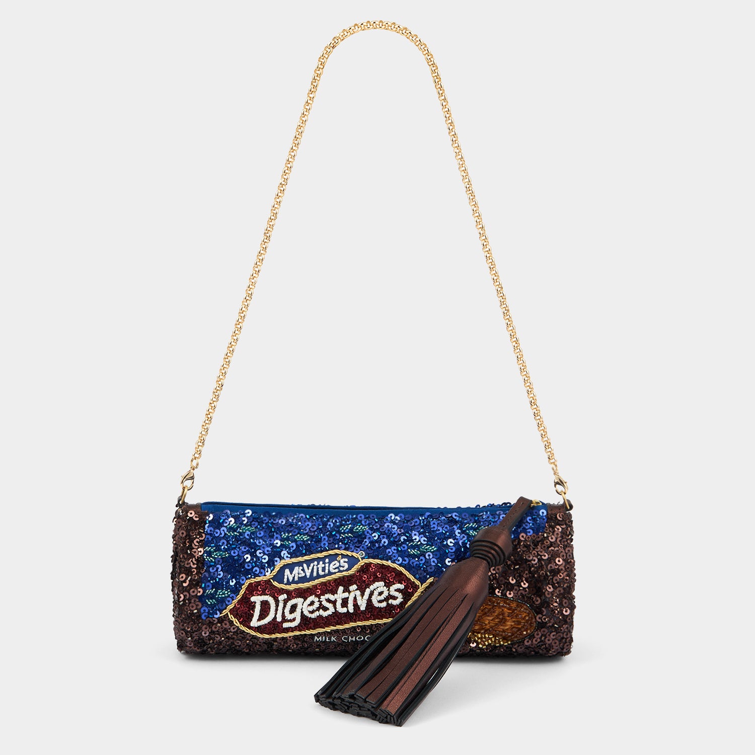 McVitie s Chocolate Digestive Tassel Clutch in Brown Blue 10x22x7cm Anya Hindmarch