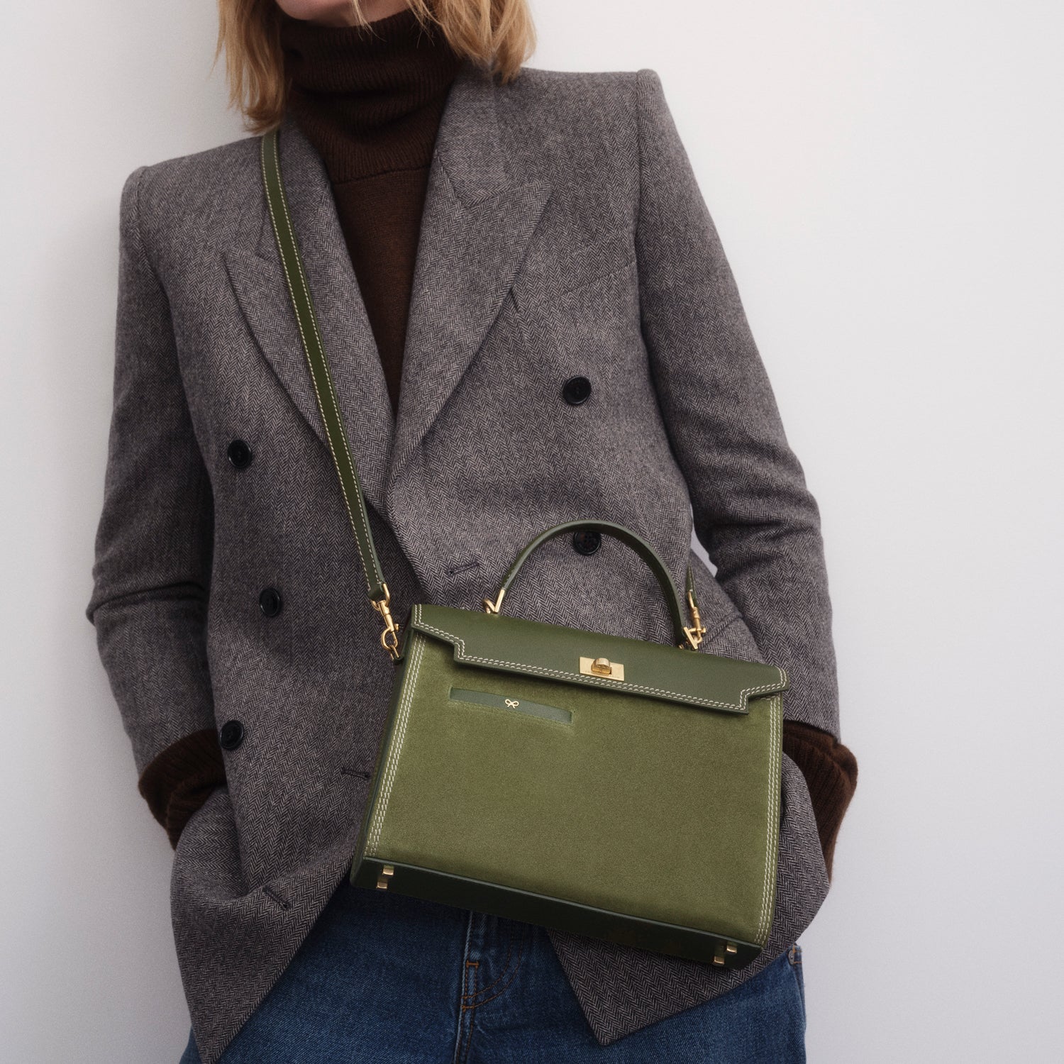 Mortimer Stitch Top Handle -

          
            Suede Leather in Bonsai Green -
          

          Anya Hindmarch US
