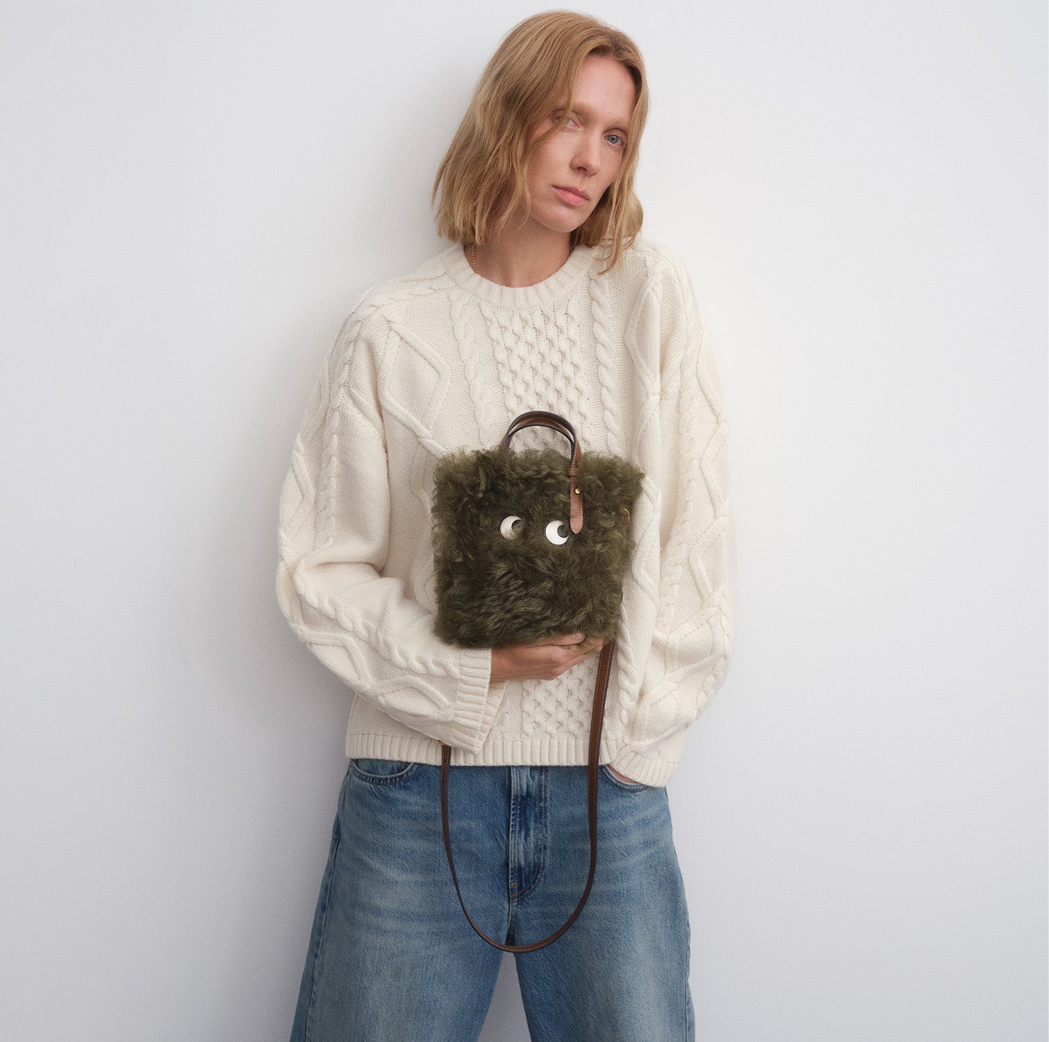 N/S Mini Eyes Shearling Tote -

          
            Shearling/Smooth Leather in Khaki Green -
          

          Anya Hindmarch US
