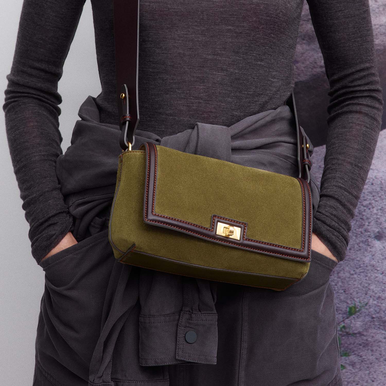 Mortimer Frame Cross-body -

          
            Suede Leather/Calf Leather in Bonsai green and Grape -
          

          Anya Hindmarch US
