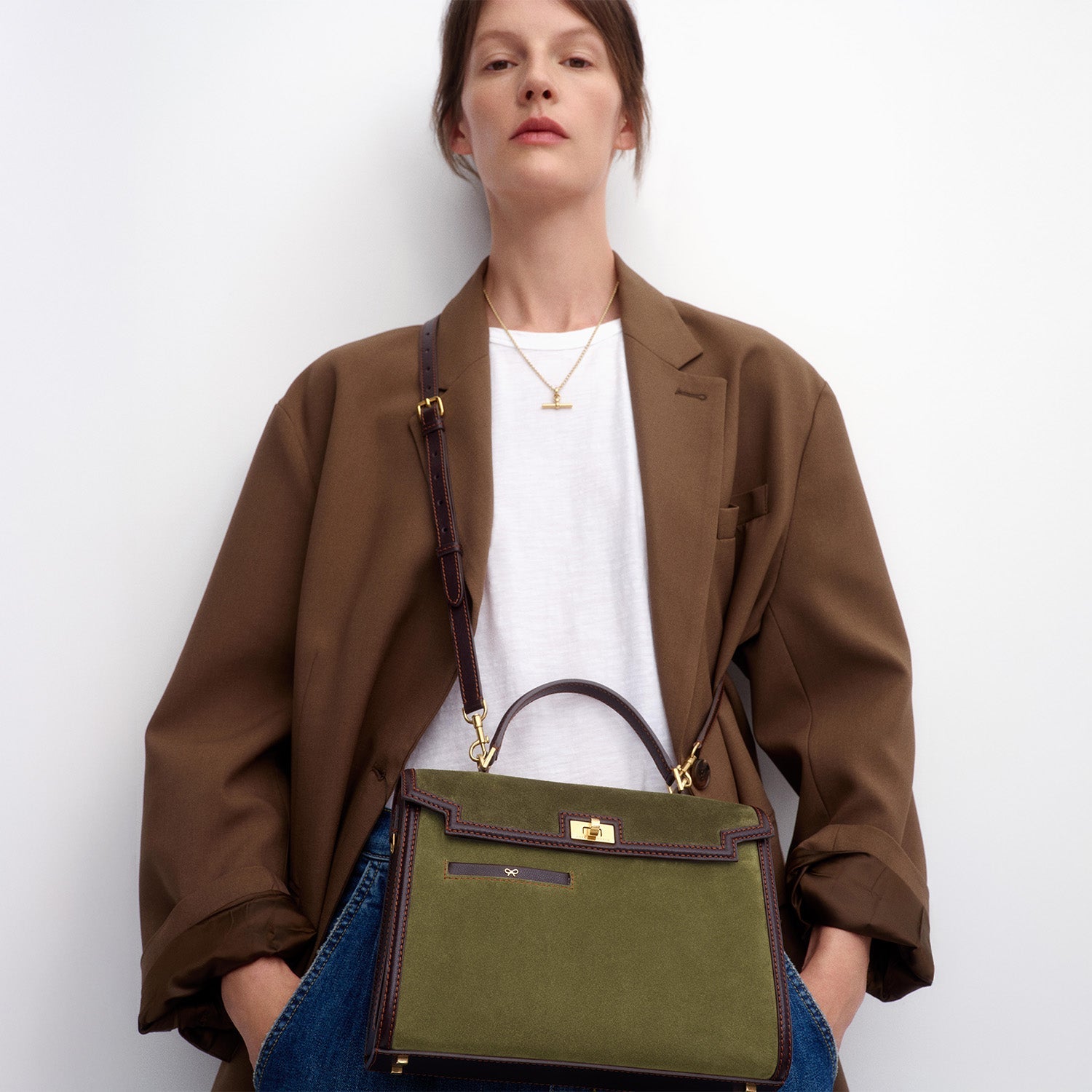 Mortimer Frame Top Handle -

          
            Suede Leather/Calf Leather in Bonsai green and Grape -
          

          Anya Hindmarch US
