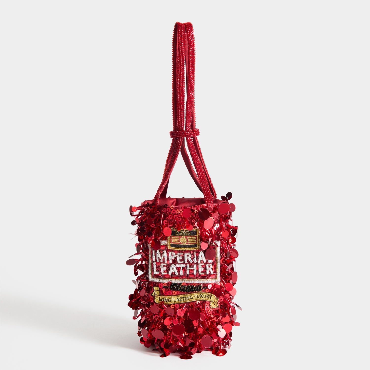Anya Brands Imperial Leather Mini Bucket Bag -

          
            Satin/Sequins in Red -
          

          Anya Hindmarch US
