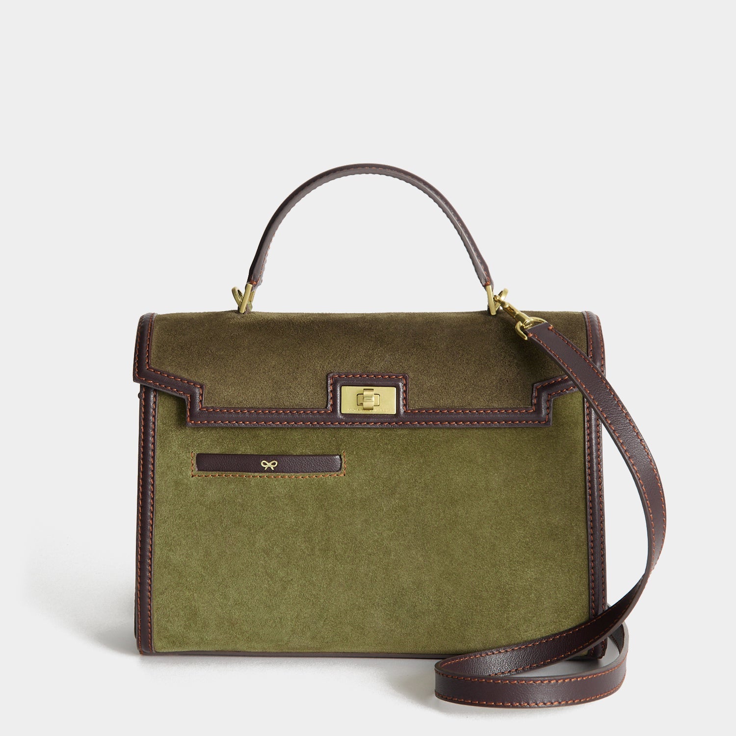 Mortimer Frame Top Handle -

          
            Suede Leather/Calf Leather in Bonsai green and Grape -
          

          Anya Hindmarch US
