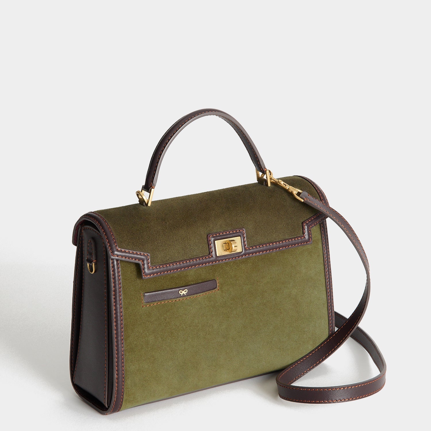 Mortimer Frame Top Handle -

          
            Suede Leather/Calf Leather in Bonsai green and Grape -
          

          Anya Hindmarch US
