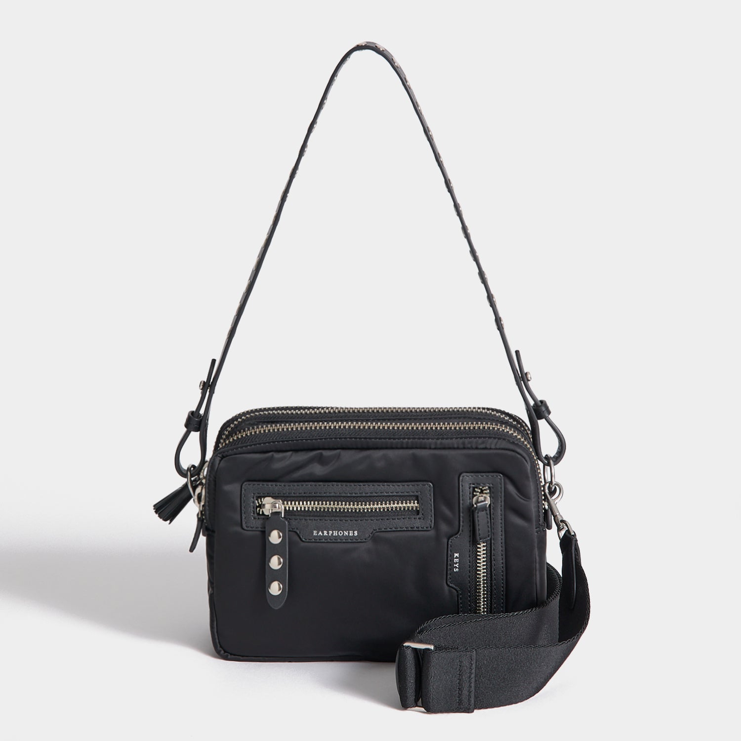 Studs Triple Zip Cross-body -

          
            Recycled Satin/Calf Leather in Black -
          

          Anya Hindmarch US
