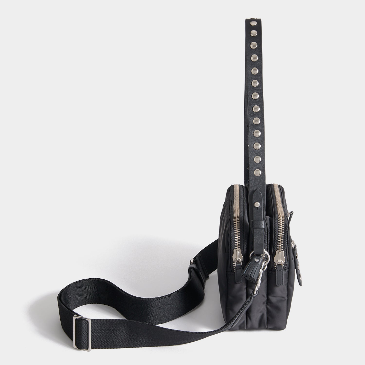 Studs Triple Zip Cross-body -

          
            Recycled Satin/Calf Leather in Black -
          

          Anya Hindmarch US
