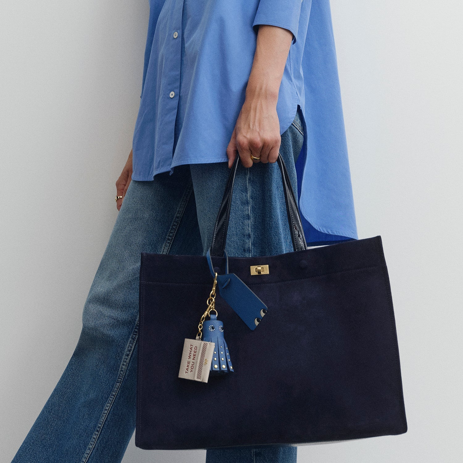 Mortimer Tote -

          
            Suede/Patent Leather in Marine -
          

          Anya Hindmarch US
