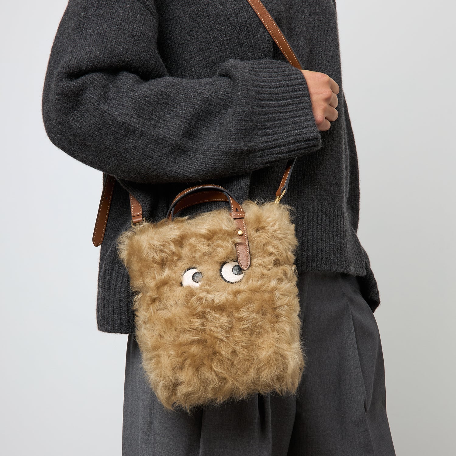 N/S Mini Eyes Shearling Tote -

          
            Shearling/Smooth Leather in Taupe -
          

          Anya Hindmarch US
