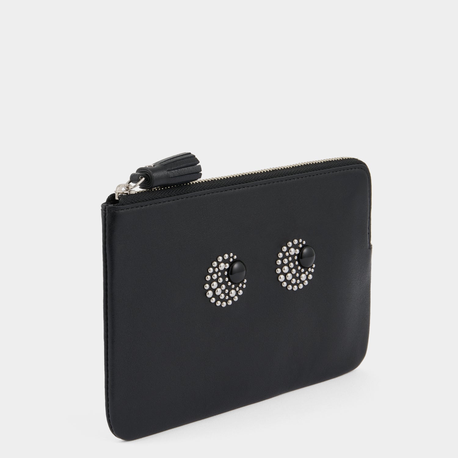 Eyes Studded Zip Loose Pocket -

          
            Satin Leather in Black -
          

          Anya Hindmarch US
