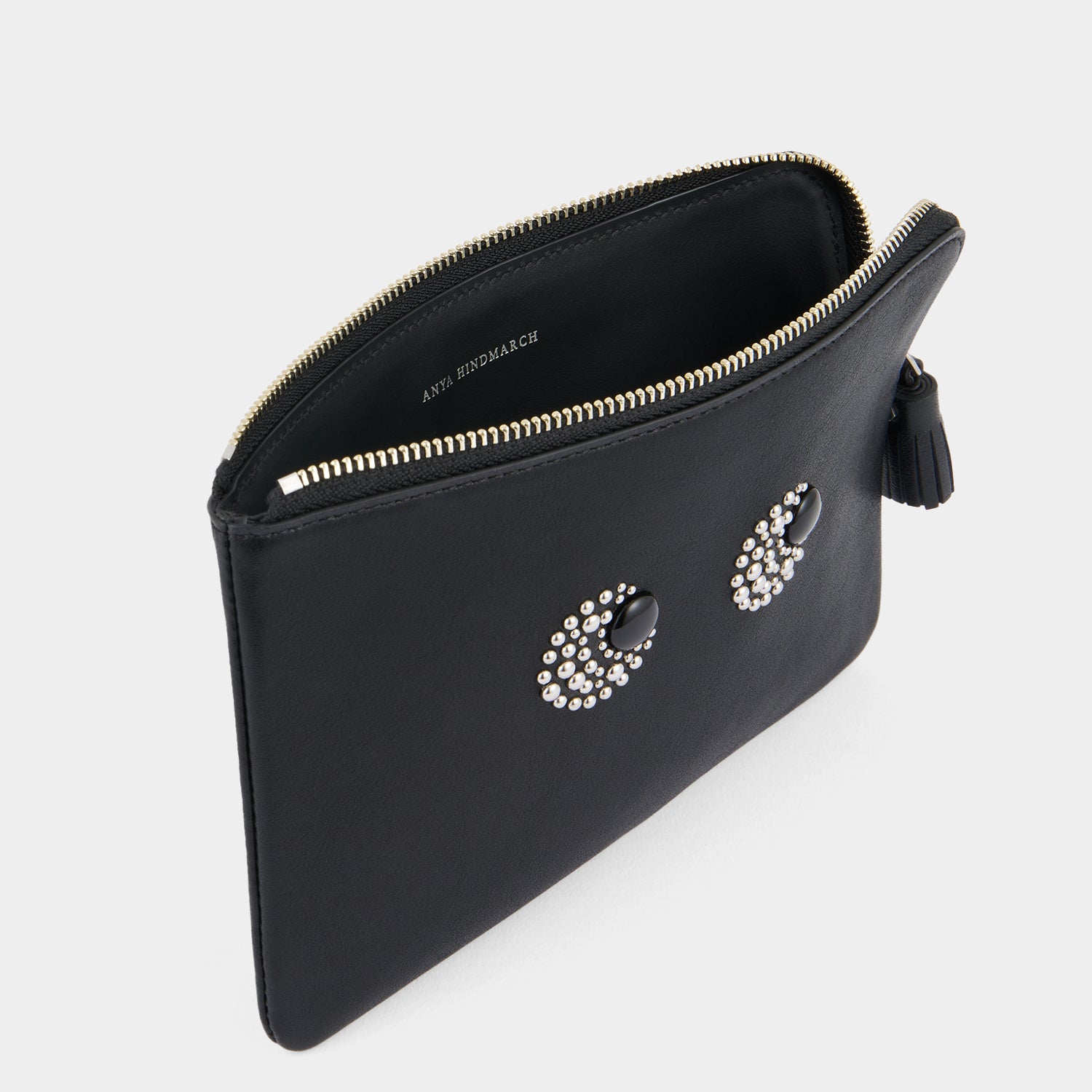 Eyes Studded Zip Loose Pocket -

          
            Satin Leather in Black -
          

          Anya Hindmarch US
