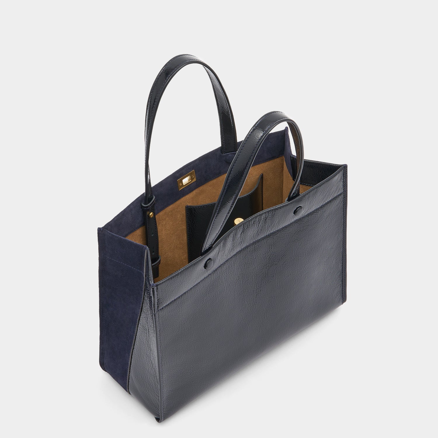 Mortimer Small Tote -

          
            Suede/Patent Leather in Marine -
          

          Anya Hindmarch US
