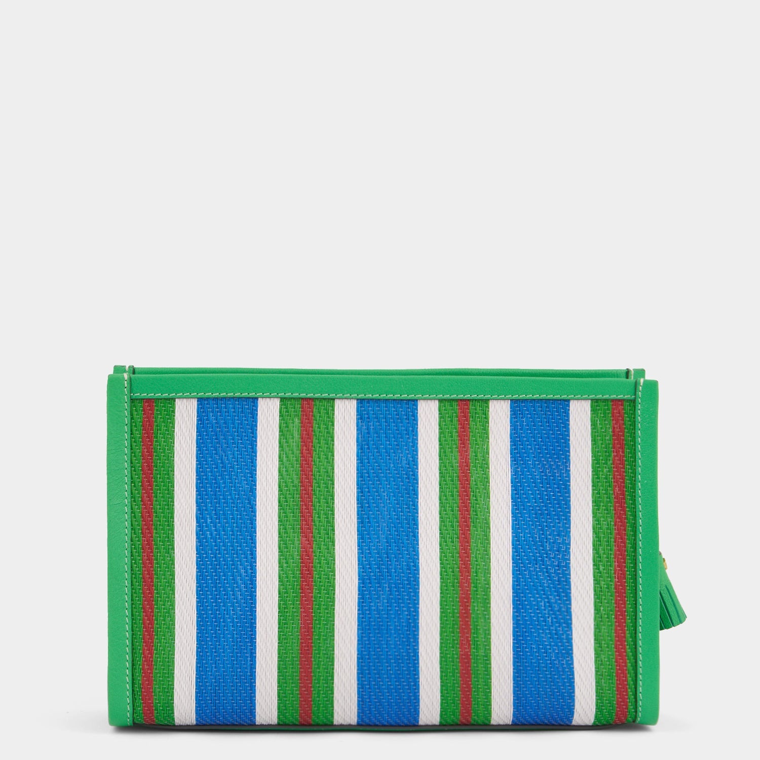 Striped pouch made of goat leather and featuring googly eyes by Anya Hindmarch