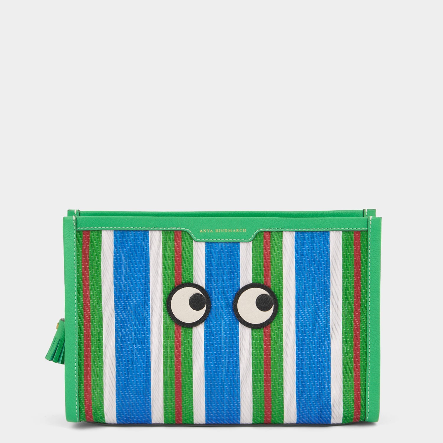 Striped pouch made of goat leather and featuring googly eyes by Anya Hindmarch