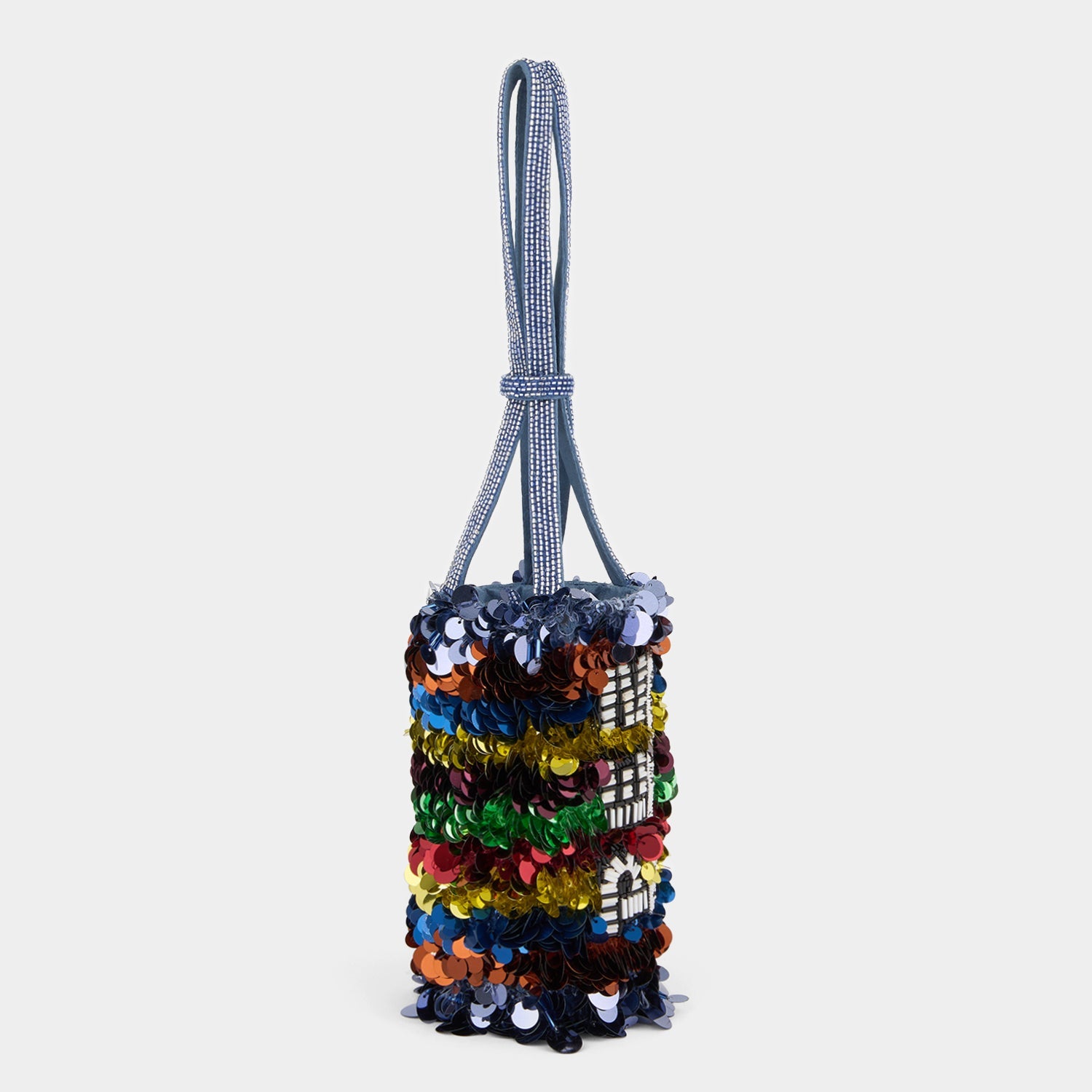 Satin bucket bag with multicoloured sequins inspired by Pez by Anya Hindmarch