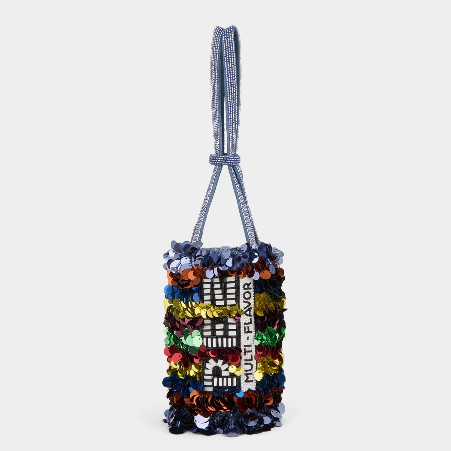 Satin bucket bag with multicoloured sequins inspired by Pez by Anya Hindmarch