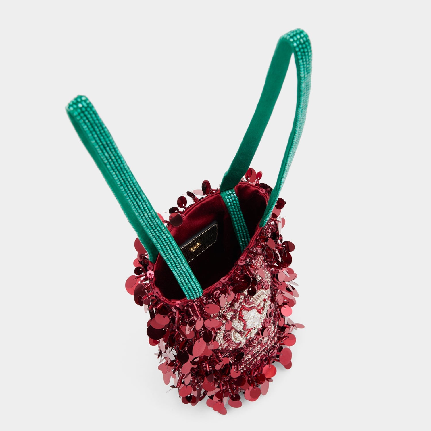 Anya Brands Flying Goose Sriracha Mini Bucket Bag -

          
            Satin/Sequins in Oxblood Red -
          

          Anya Hindmarch US

