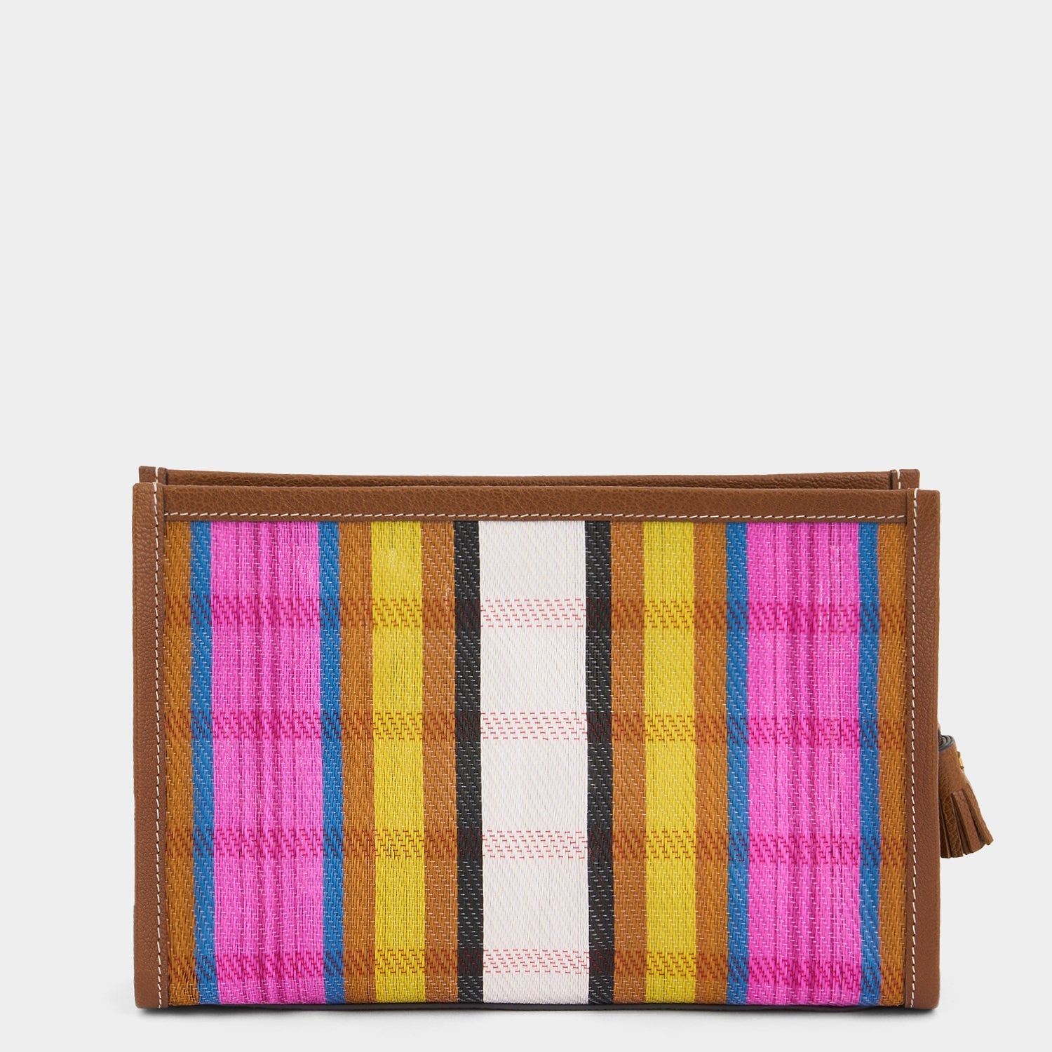 Pouch made with striped recycled mesh and grainy goat leather with appliquéd Eyes motif by Anya Hindmarch
