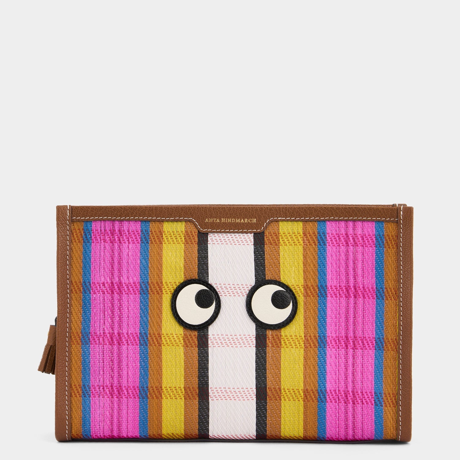 Pouch made with striped recycled mesh and grainy goat leather with appliquéd Eyes motif by Anya Hindmarch